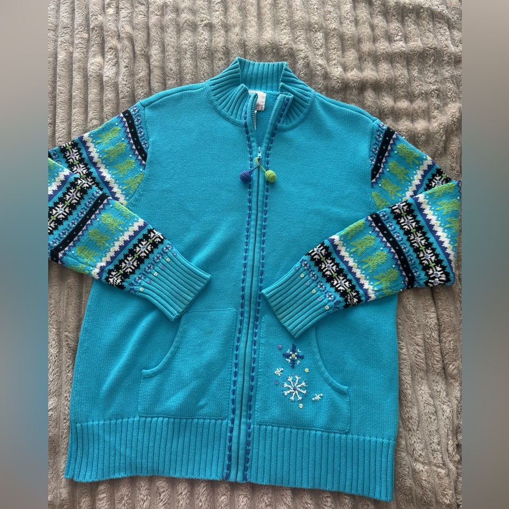Vintage Quacker Factory Turquoise Knit Sweater Snowflakes